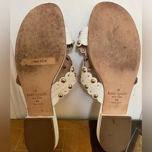 KATE SPADE White Leather Faye Sandals with Gold Bead Accents. Size 9. - Picture 8 of 8